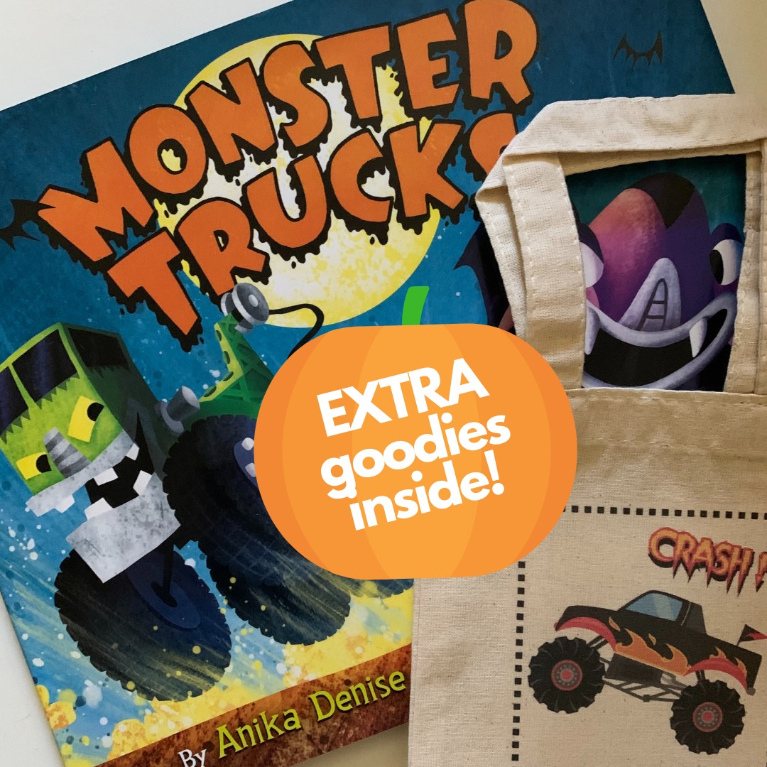 Book and tote bag featuring monster trucks